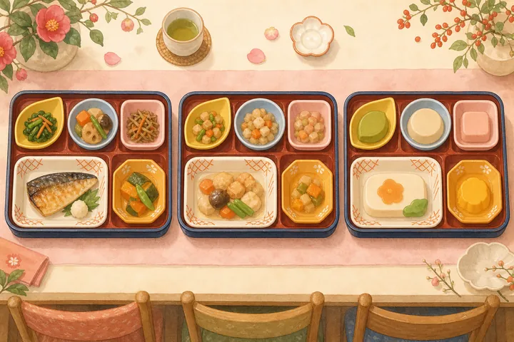 同じ形の容器に、通常の食感のおかず、やわらかく煮たおかず、なめらかなムース状のおかずをそれぞれ盛りつけた3つのお弁当を並べたイメージイラスト
