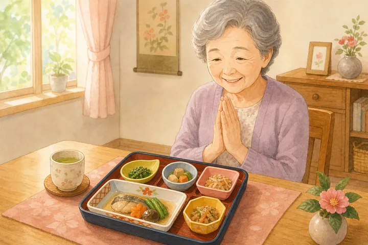 高齢の女性が、テーブルに置いたお弁当を前に、手を合わせて食事を始めようとしている様子のイラスト