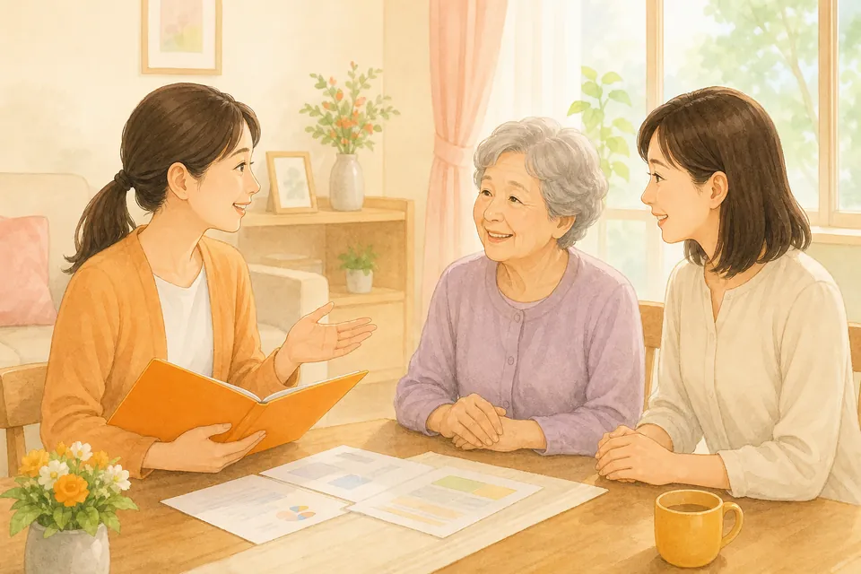 ケアマネジャーのような女性が、高齢の女性とその娘に資料を見せながら、リビングで相談に応じている様子のイラスト