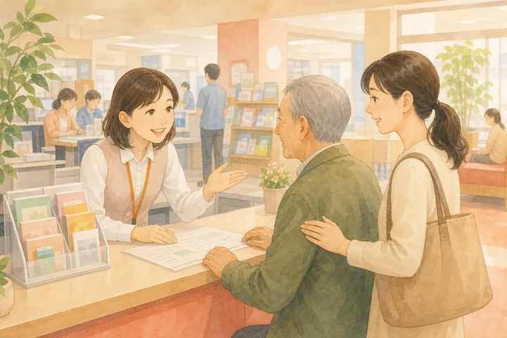 市区町村の窓口で、職員が高齢の男性とその娘にパンフレットや資料を見せながら案内している様子のイラスト