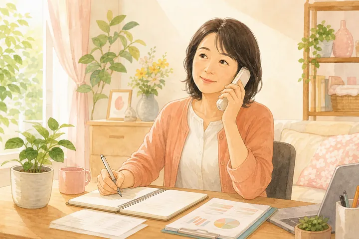 女性がノートと資料を机に広げ、電話で問い合わせながらメモを取っている様子のイラスト