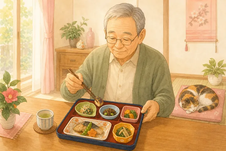 高齢の男性が自宅のテーブルでお弁当を食べ、そばで猫が眠っている穏やかな様子のイラスト