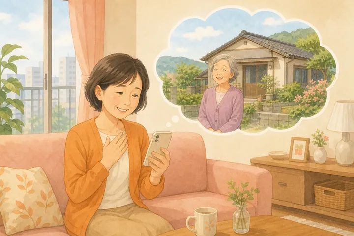 離れて暮らす娘がスマートフォンを手に安心した表情を浮かべ、吹き出しの中に自宅前で微笑む高齢の母親が描かれているイラスト